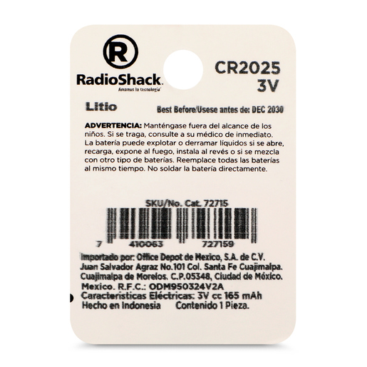 Pila de Litio Botón CR 2025 RadioShack / 1 pieza 